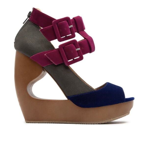 Qupid LISBETH shoes Women Sz 6.5 Ankle Strap Buckle Wedge Platform Sandals Blue - Picture 7 of 12